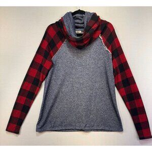 12PM By Mon Ami Womens Cowl Neck Plaid Sleeve Sweatshirt Top S Blue